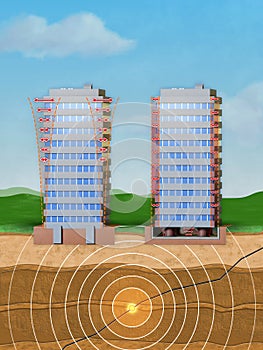 Standard and antiseismic building during an earthquake