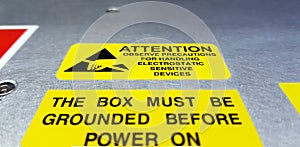 Standard caution label with text for Electrostatic Sensitive Devices ESD attached on electronic box,Special label symbol for