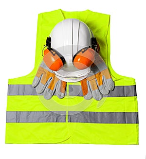 Standard construction safety equipment on white background. top view