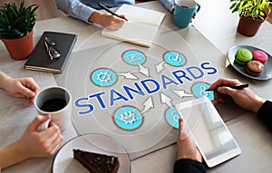 Standard ISO Certification Standardisation Quality control assurance business manufacturing technology concept.