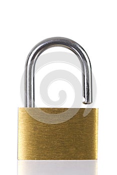 Standard open gold padlock on white background