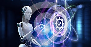 Standard quality control certification standardisation. Robot pressing button on screen 3d render