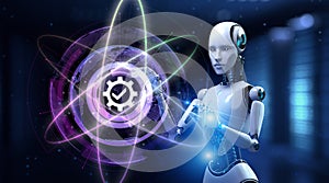 Standard quality control certification standardisation. Robot pressing button on screen 3d render