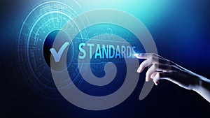 Standard. Quality control. ISO certification, assurance and guarantee. Internet business technology concept.