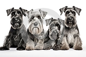 Standard Schnauzer Family Foursome Dogs Sitting On A White Background photo