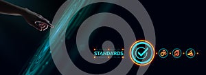 Standard standardization certification quality control assurance. Hand pressing button on virtual screen