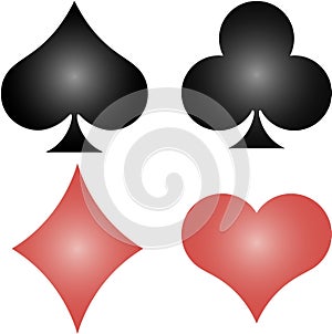 Standard suits of playing cards with a gradient Hearts, Diamonds, Club, Spades. Red and black on a white background