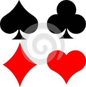 Standard suits of playing cards Hearts, Diamonds, Club, Spades. Red and black on a white background