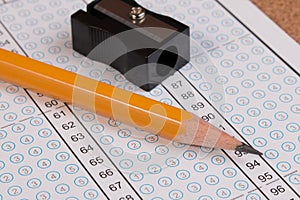 Standard test form or answer sheet. Answer sheet focus on pencil.