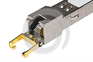 Standardized modular hot-pluggable network interface module on a white background