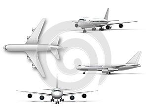 Standing airplane, jet aircraft, airliner. Detailed passenger air plane on white background.