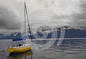 Standing alone yacht, lake Geneva, Montreux, Switz