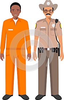 Standing American Policeman Sheriff Officer in Uniform and African American Prisoner Person in Traditional in Prison