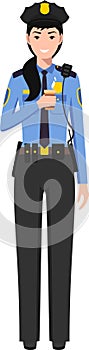 Standing American Policewoman Officer with Cup of Coffee in Traditional Uniform Character Icon in Flat Style. Vector