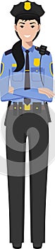 Standing American Policewoman Officer in Traditional Uniform Character Icon in Flat Style. Vector Illustration.