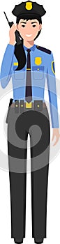 Standing American Policewoman Officer with Walkie-Talkie in Traditional Uniform Character Icon in Flat Style. Vector