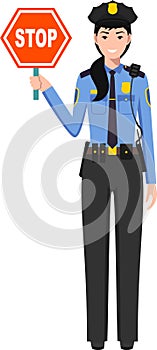 Standing American Policewoman Officer with Warning Sign Stop in Traditional Uniform Character Icon in Flat Style. Vector