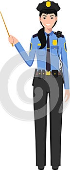 Standing American Policewoman Officer with Wooden Pointer Stick in Traditional Uniform Character Icon in Flat Style