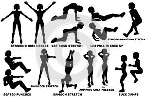 Standing arm circles. Cat back stretch. Leg pull in knee up. Standing hamsting stretch. Seated punches. Shoulder stretch.