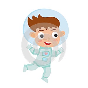 Standing astronaut kid isolated on white background. Cartoon pre