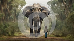 Standing Backwards The Wildlife Conservationist Is Shown Out In Front Of A Magnificent Elephant. Generative AI