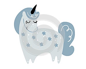 Standing blue unicorn in vintage blue color, magic pony from fantasy, naive vector illustration isolated on white