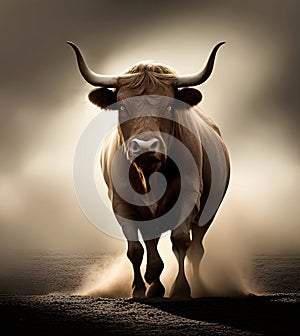 Standing bull surrounded by dust, ready to fight