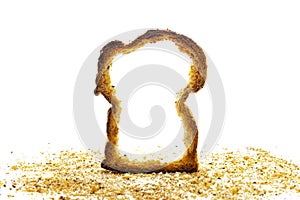 Standing burned toast with breadcrumbs islated is on white background.