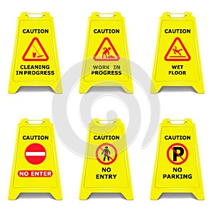 Standing caution sign board vector set. Double-sided folding yellow display stand with editable design