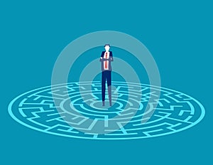 Standing in the center of a maze. Business analysis and Searching concept. Cartoon vector style design