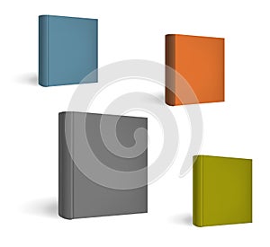 Standing closed square hardcover book perspective, vector mock-up set. Catalog or magazine color front cover, template