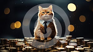 Standing confidently on a pile of coins, a cat adorned in a business suit playfully symbolizes the concept of attaining photo