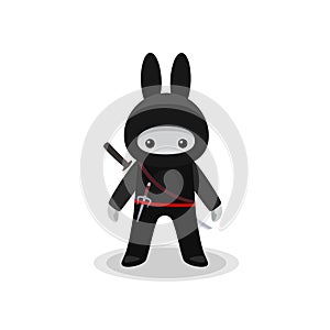 Standing cute bunny ninja isolated with sai and katana on white background