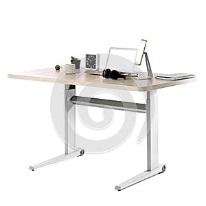 Standing desk with modern devices on white background