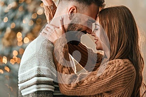 Standing and embracing. Lovely young couple are celebrating New Year at home