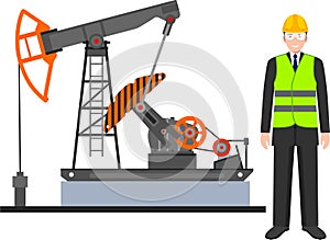Standing Engineer in Safety Helmet and Oil Pump in Flat Style. Vector Illustration.