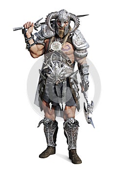 Standing fierce armored barbarian warrior posing on an isolated white background.