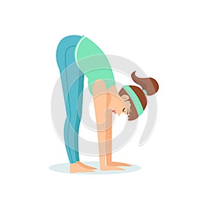 Standing Forward Bend Uttanasana Yoga Pose Demonstrated By The Girl Cartoon Yogi With Ponytail In Blue Sportive Clothing