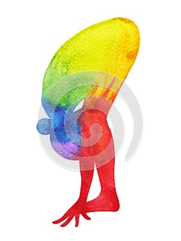 Standing Forward Bend Yoga Pose, 7 color chakra watercolor painting