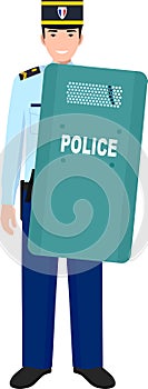 Standing French Policeman Gendarme with Metal Protective Shield in Traditional Uniform Character Icon in Flat Style. Vector