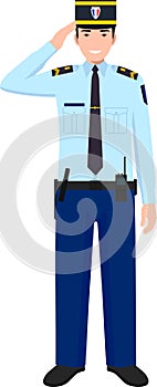 Standing French Policeman Gendarme and Traditional Uniform Character Icon in Flat Style. Vector Illustration