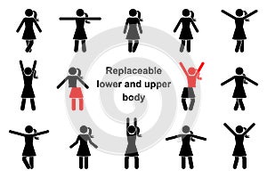 Standing front view stick figure woman vector icon set. Raised, wide open hands, crossed legs, replaceable body parts constructor