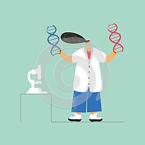 Standing geneticist with chromosomes hand drawn color illustration