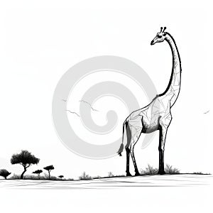 Standing Giraffe: Black And White Drawing With Isolated Landscape Style