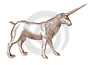 Standing goat-like unicorn with a mane in profile view