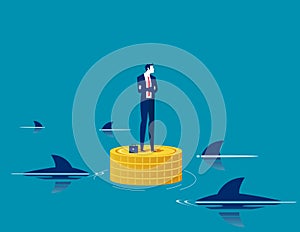 Standing with gold coins around the shark. Business vector illustration concept