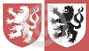 Standing heraldic lion on a shield background