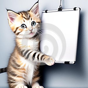 Standing kitten holding a white board,generated illustration with AI