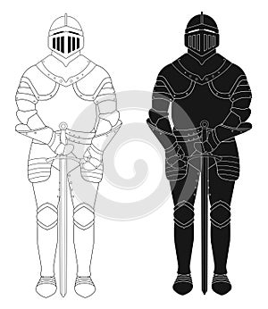 Standing knight medieval armor statue. Contour