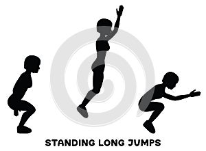 Standing long jumps. Sport exersice. Silhouettes of woman doing exercise. Workout, training